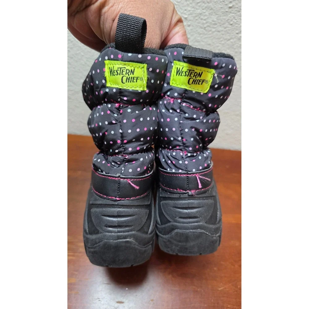 Western Chief Snowden Dot Snow Boots‎ Girls Size 2 Black Pink Polka Dot Winter